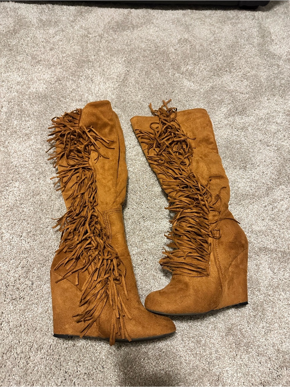 Fringe Suede Wedge Knee-High Boots - Tan